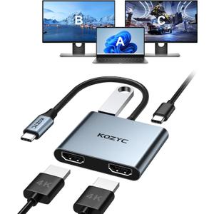 USB C to Dual HDMI Adapter 4K@30Hz, KOZYC USB C Hub Multiport Adapter with 2xHDMI, USB 3.0, 100W PD, Support USB C to HDMI Splitter Extended Display for MacBook Pro (MST is not supported on MacOS)