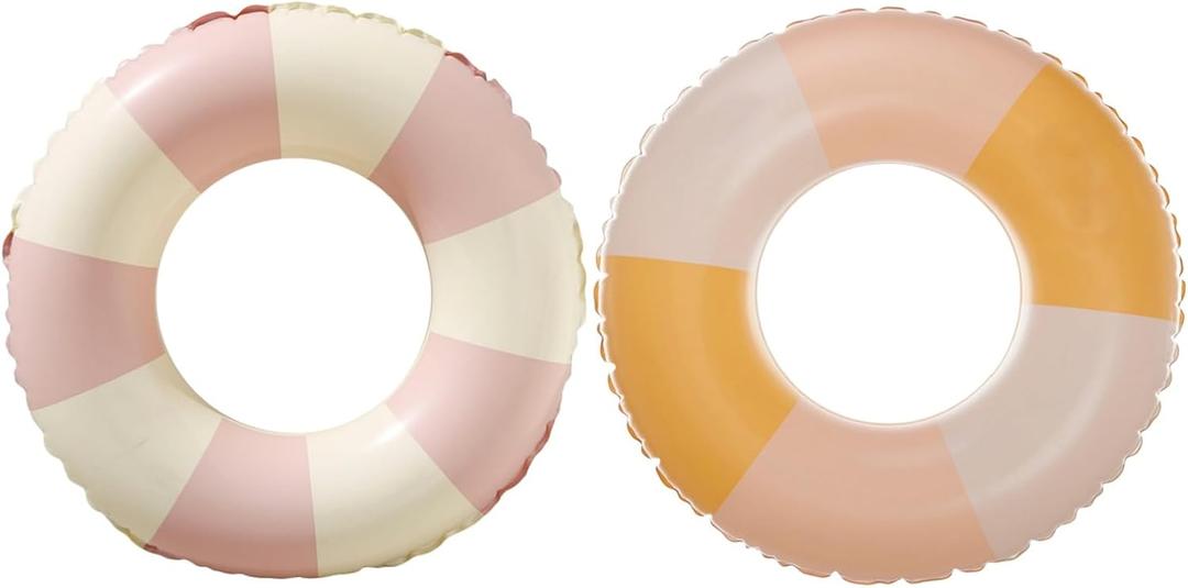 Swimming Pool Floats for Kids Ages 5-10, Inflatable Tubes With Simple Stripes, Cute Swim Rings, Floaties Water Toys for Beach Party (Stripe-Pink+Yellow)