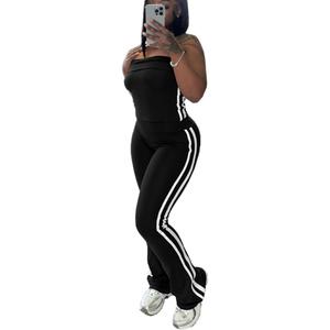 HBQ Women Two Piece Outfits Strapless Crop Top and Flare Pants Casual Stripe Lounge Sets Tracksuits Black 2XL