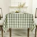 Romanstile Spring Checkered Tablecloth Rectangle, Outdoor Waterproof Heavy Duty Linen Cotton Gingham Table Cloth with Tassel, Wrinkle Free Plaid Table Cover for Easter Picnic Party, 55 x 70 Inch, Sage