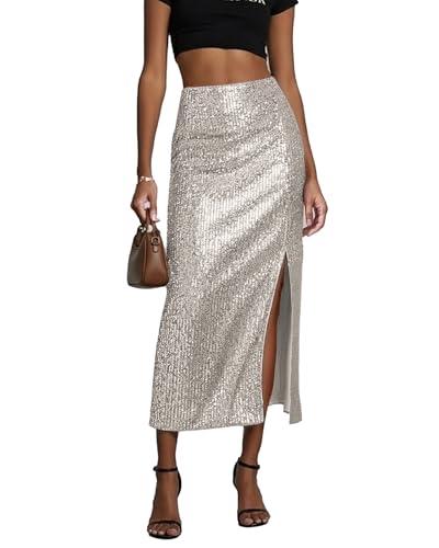 AuInHer Women's Sequin Midi Skirt, Silver Sparkly High Waisted Bodycon Party Skirt with Front Slit and Back Elastic Waist