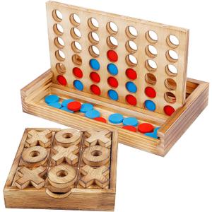 Glintoper Tic Tac Toe & 4 in a Row Table Games Set - Rustic Decor Wood Strategy Board Games for Families
