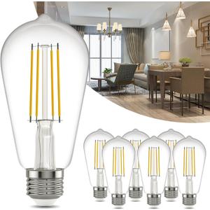 Kawaya E26 LED Edison Bulbs: 6-Pack 8W Equivalent 80W Dimmable LED Bulbs - Vintage ST58 5000k Daylight White - 800 Lumens High Brightness Bulbs with 90+ CRI - Clear Glass