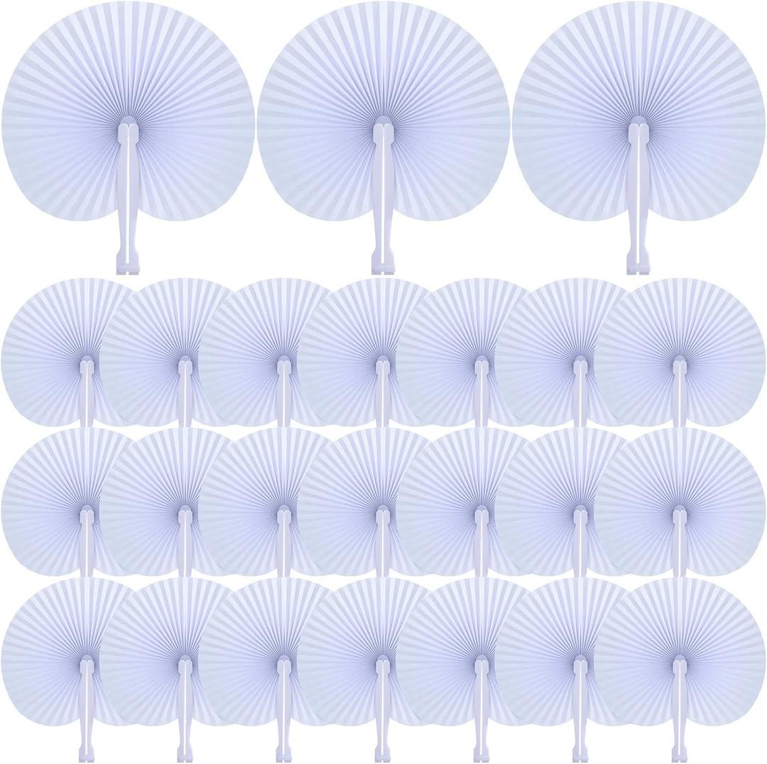 Yulejo 100 Packs White Wedding Fan Round Folding Paper Fans with Plastic Handle Pocket Decorative for Wedding Celebration DIY Birthday Party Favors