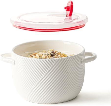 Adewnest Ceramic Soup Bowl with Lid & Handle: 32 oz Large Kitchen Container for French Onion Meal Prep Cereal Ramen Oatmeal Dorm Living Single Serve Dinner Work Lunch Food Storage - White 1 PCS