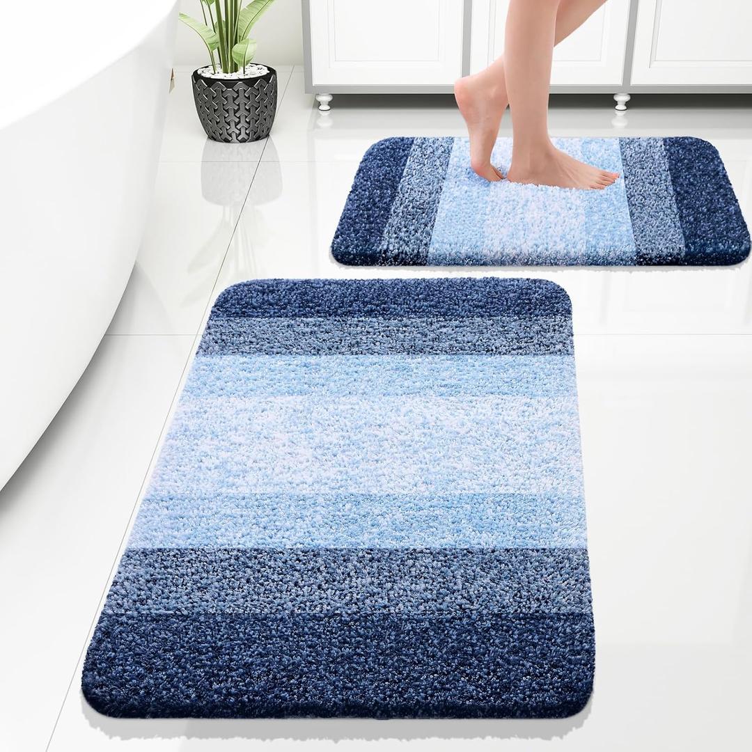 OLANLY Bathroom Rug Set 2 Piece, Soft Absorbent Microfiber Bath Rug Set, Non-Slip, Machine Wash Dry, Plush Shaggy Bath Mats for Bathroom (30"x20"+24"x16", Navy)