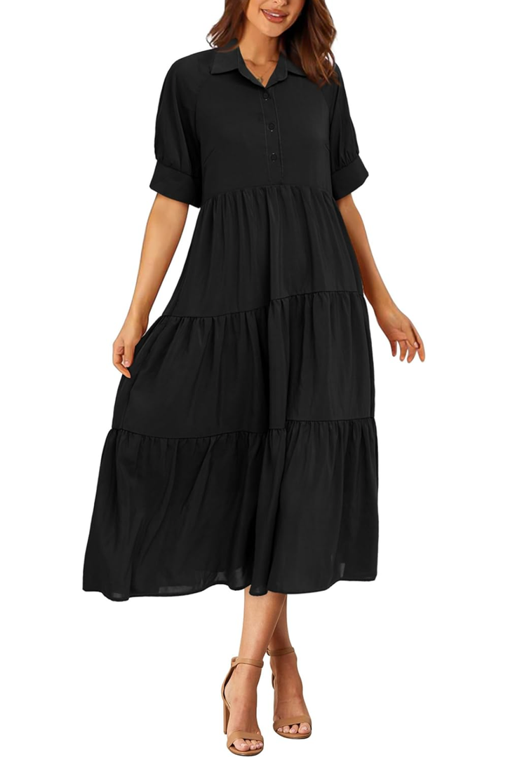 PRETTYGARDEN Women's Summer Beach Maxi Dress Short Sleeve Buttons Tiered Ruffle A Line Swing Dresses, S