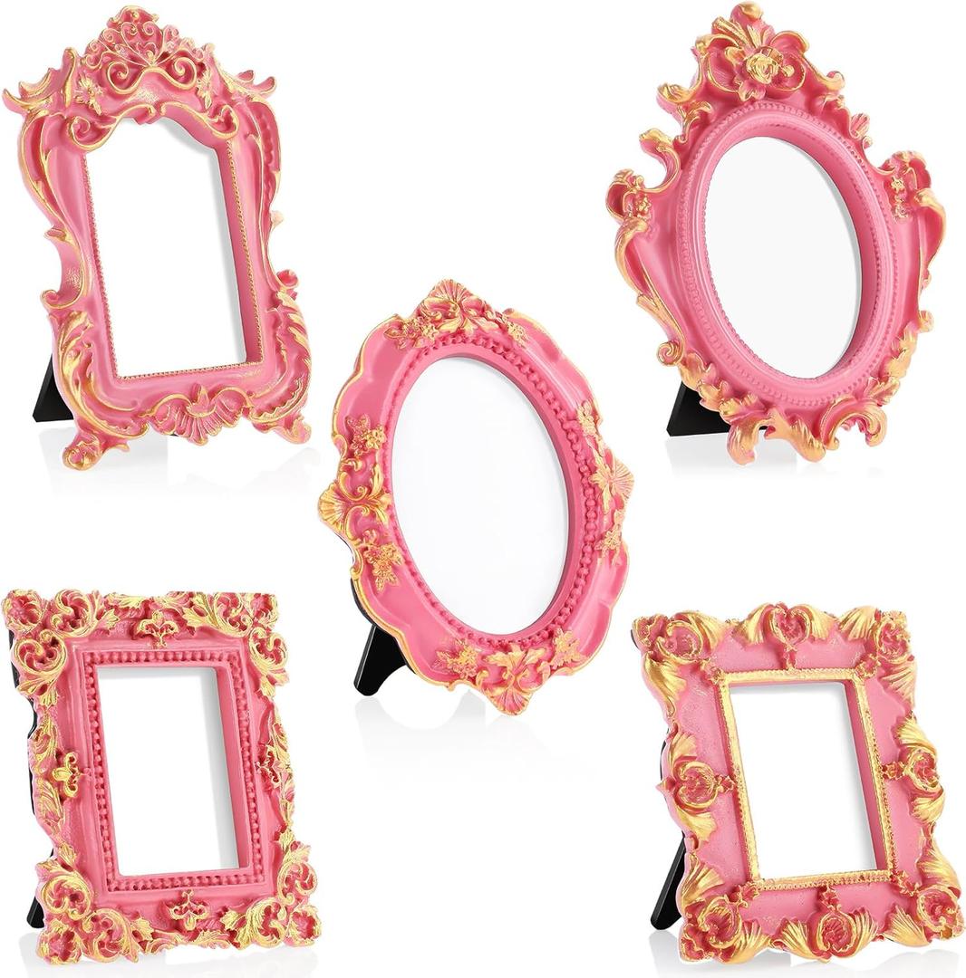 Maitys 5 Pcs Mini Picture Vintage Frames with Stands Tiny Antique Photo Baroque Ornate Resin Oval Frame Table Top Display Home Wedding Decor (Pink Gold)