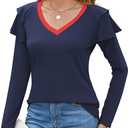 SENFURE Women Long Sleeve V Neck Tops Slim Fitted T Shirt for Women Ruffle Sleeve Tunic Blouse Fall Winter Sweatshirt Navy S