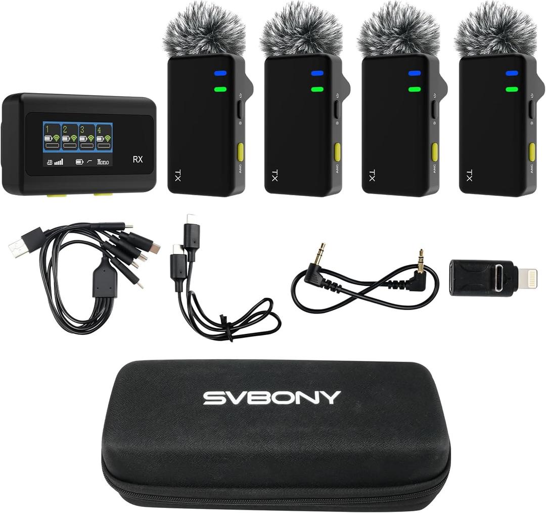 4-Person Wireless Lavalier Microphones Systems for Group Videos & Interviews, Compatible with iPhone, Android, Camera, 656ft Range, Smart Display, 2-Level Noise Reduction, Magnetic Mount,Safety Track