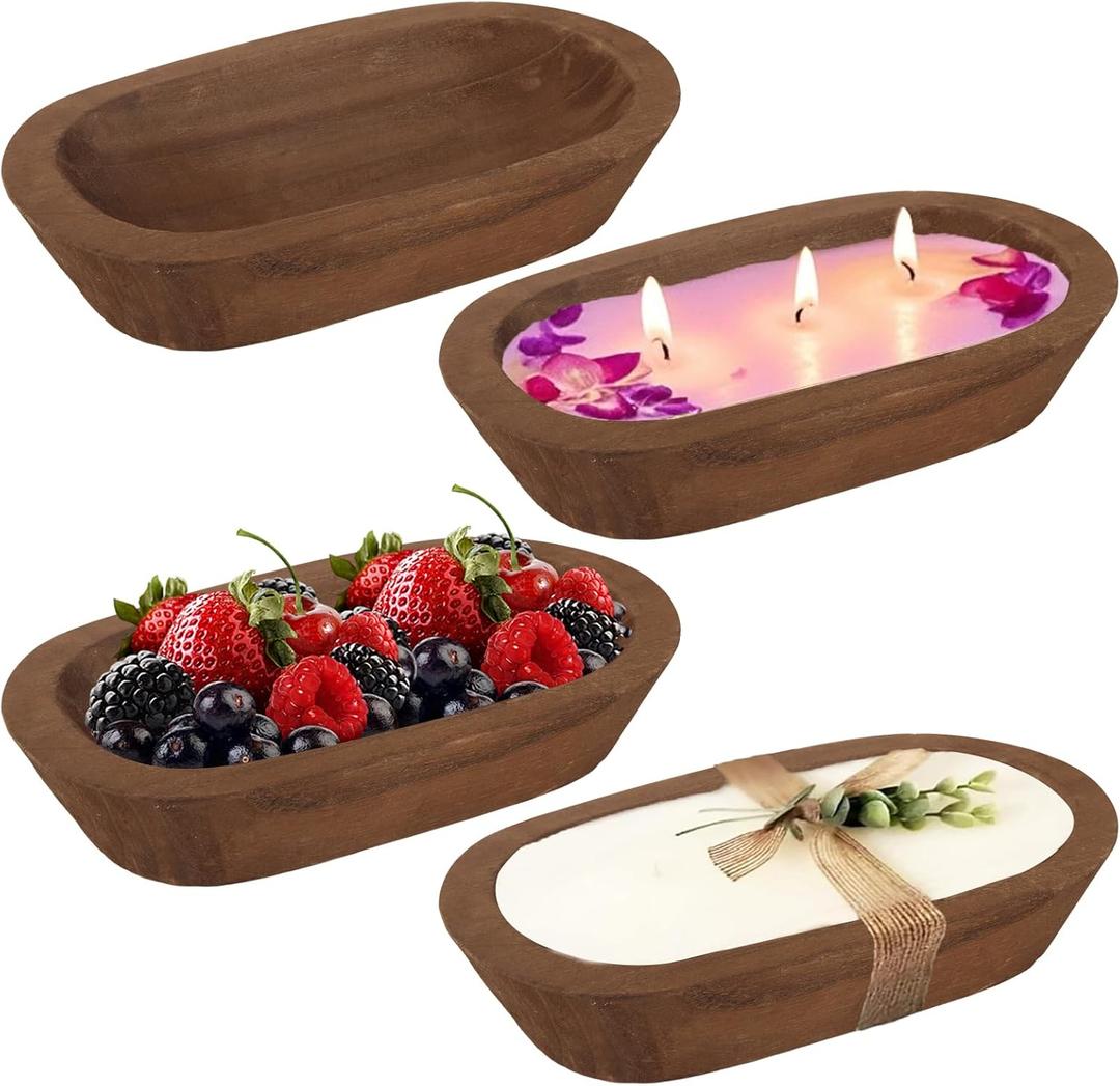 CYEAH 4 Pack Wooden Dough Bowls Bulk, 9.5 in Rustic Dough Bowl for Candle, Natural Paulownia Wood Bowls for Wedding DIY Candle Home Crafts Making Farmhouse Fruits Supplies Decoration