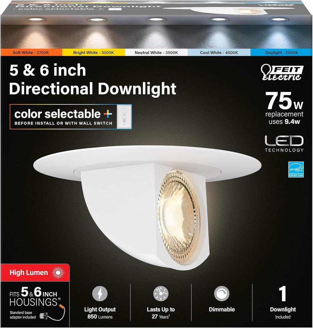Feit Electric 5-6 inch LED Directional Recessed Downlight, 9.4W (75W Equivalent), 2700K5000K Selectable Colors, Dimmable, 850 Lumen, 50,000-Hour Lifetime, LEDR56SCP/6WYCA