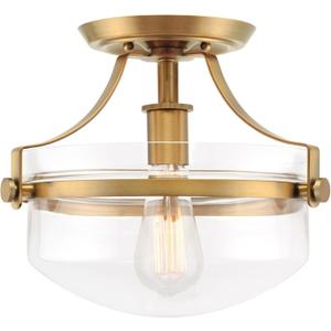 Kira Home Zurich 12" Rustic Farmhouse Semi-Flush Mount Ceiling Light + Glass Shade, Warm Brass Finish