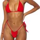 MIYOUJ Women Halter String Bikini Set Sexy Thong Cheeky Two Piece Swimsuits Solid Color Bathing Swimwear (Red, S)