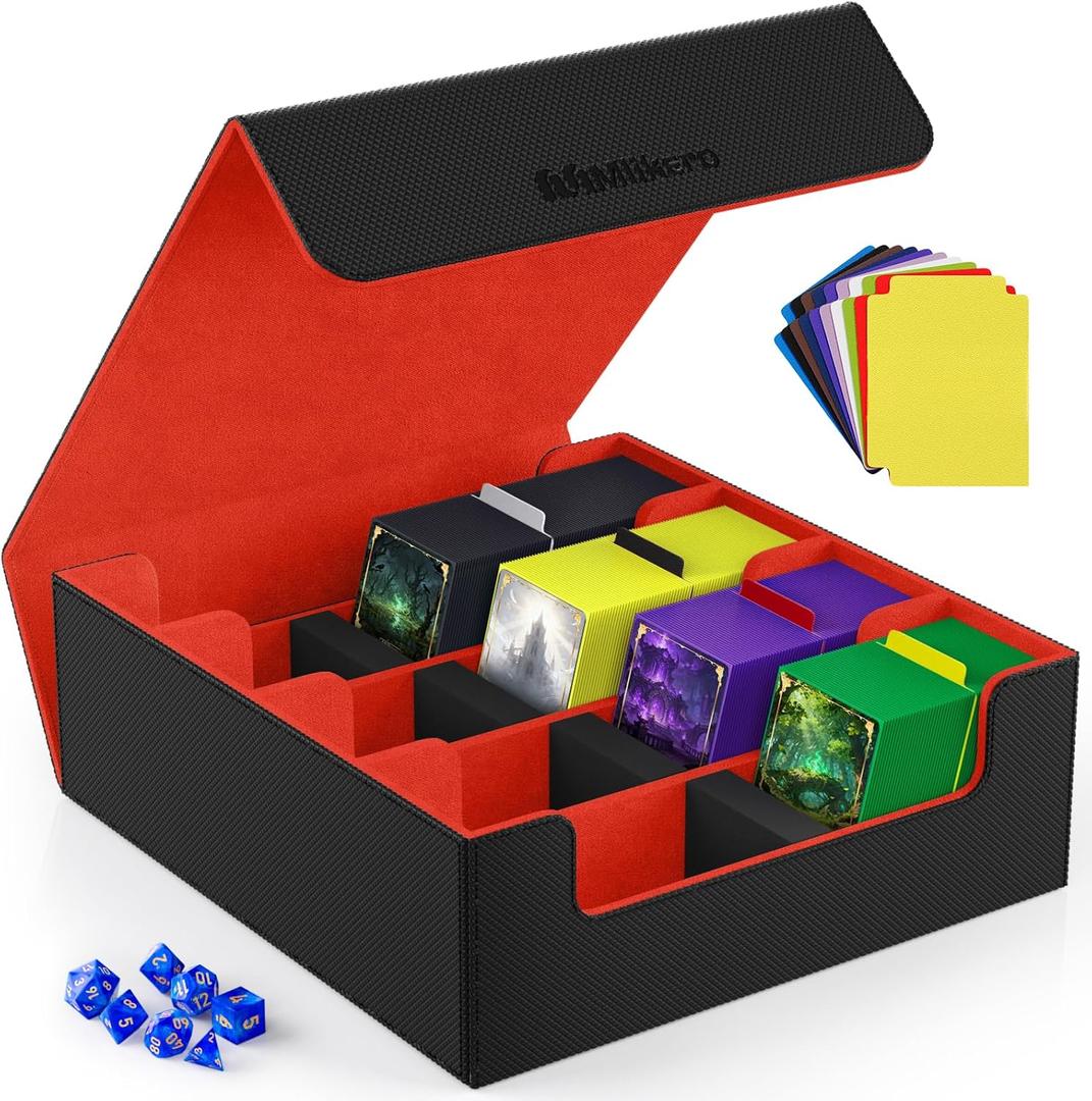 Mlikero Card Deck Case, 2400+ Trading Card Storage Box with 10 Colorful Dividers and 4 Foam Stoppers, Leather Magnetic Closure Commander Deck Box Fit for MTG, TCG (4 Rows, Black&Red)