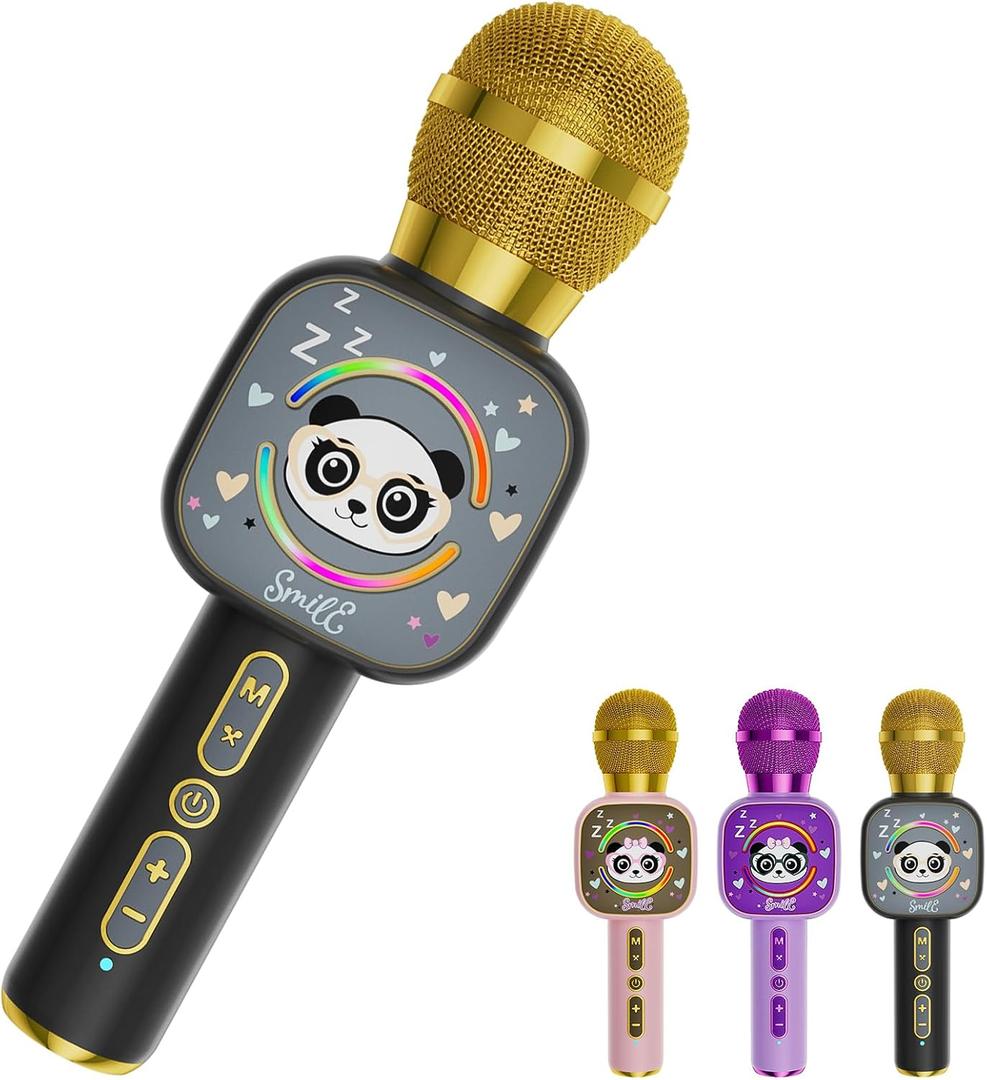 Bluetooth Karaoke Microphone Toy for Kids - Mini Portable Speaker with LED Lights, Wireless Pairing (TWS) for Duet Singing, Christmas Birthday Gift Toys for Boys & Girls Ages 2-12 (black - 1)