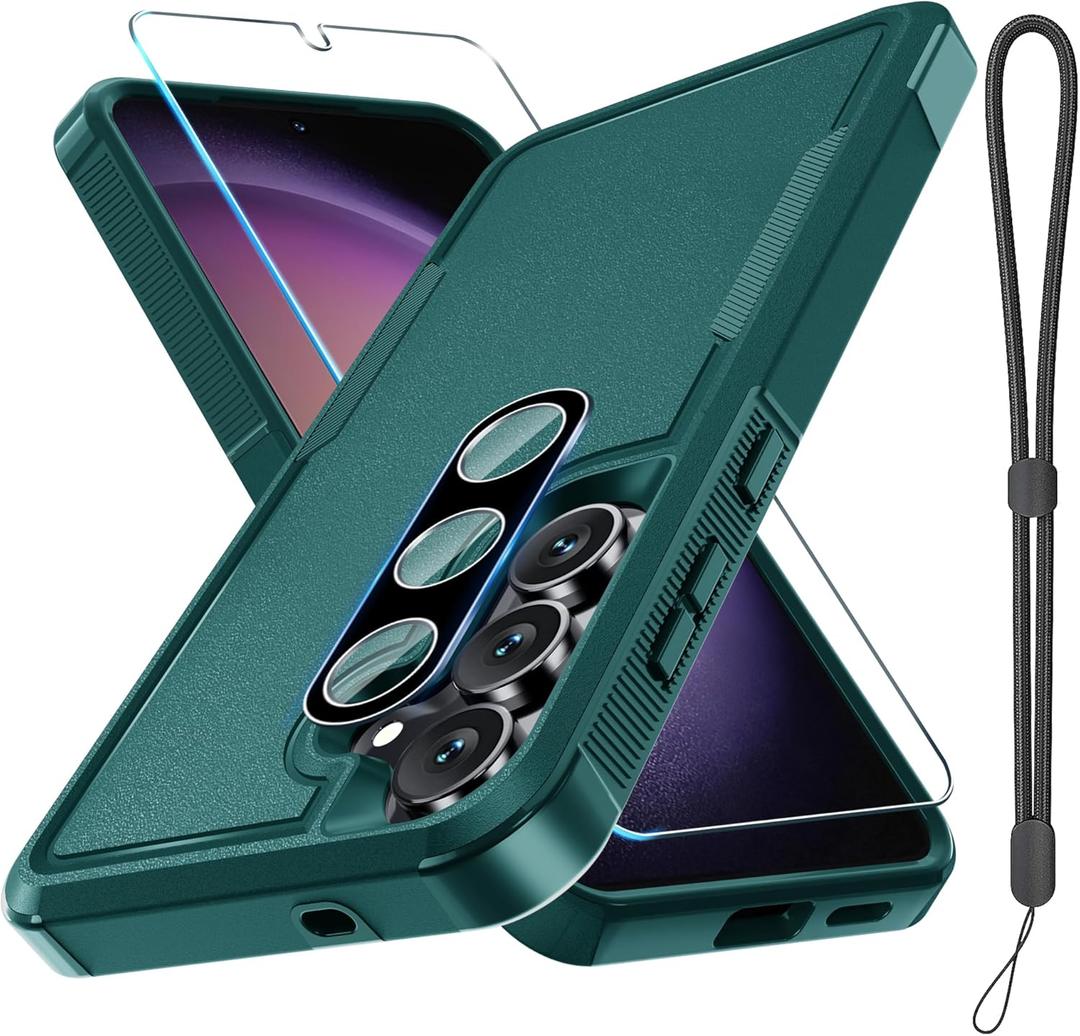 for Samsung Galaxy S25 FE Case with Screen Protector+Camera Lens Cover,Military Grade Heavy Duty Shockproof Phone Cover with Wrist Lanyard Strap for Samsung S25fe,Dark Green