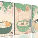 Funny Japanese Cat Bathroom Wall Art Set of 3, Cute Cat in Bathtub Wall Decor Painting, Whimsical Animal Bathroom Poster Canvas Prints Artwork for Restroom 12x16 inch Framed
