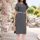 Womens Casual T Shirt Dress Summer Fall Crewneck Loose Fit Side Split Knee Length Dress Ribbed Pattern with Pockets (Gray, S)