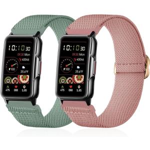 2 Pack Stretchy Nylon Watch Bands Compatible with Mindrose H80 1.47 inch Smart Watch, Loop Soft Elastic Watch Straps for Mindrose H80 Fitness Trackers IP68 for Women Men (Rose Pink+ Cactus)