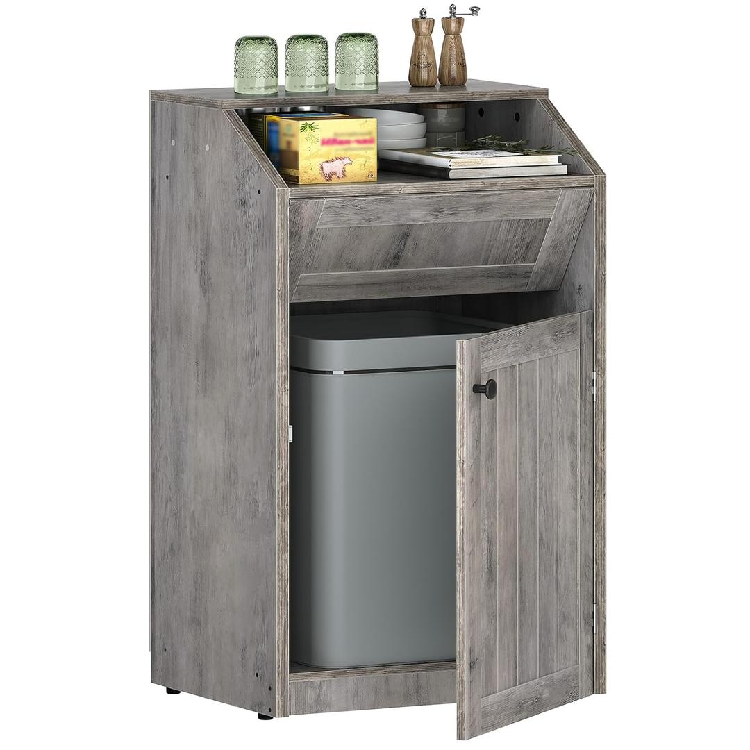 Trash Cabinet, Freestanding Trash Can Cabinet, Wooden Recycling with Flip Door, Hidden Kitchen Garbage Can, 10 Gallon Laundry, for Kitchen, Laundry, Greige WB01BG