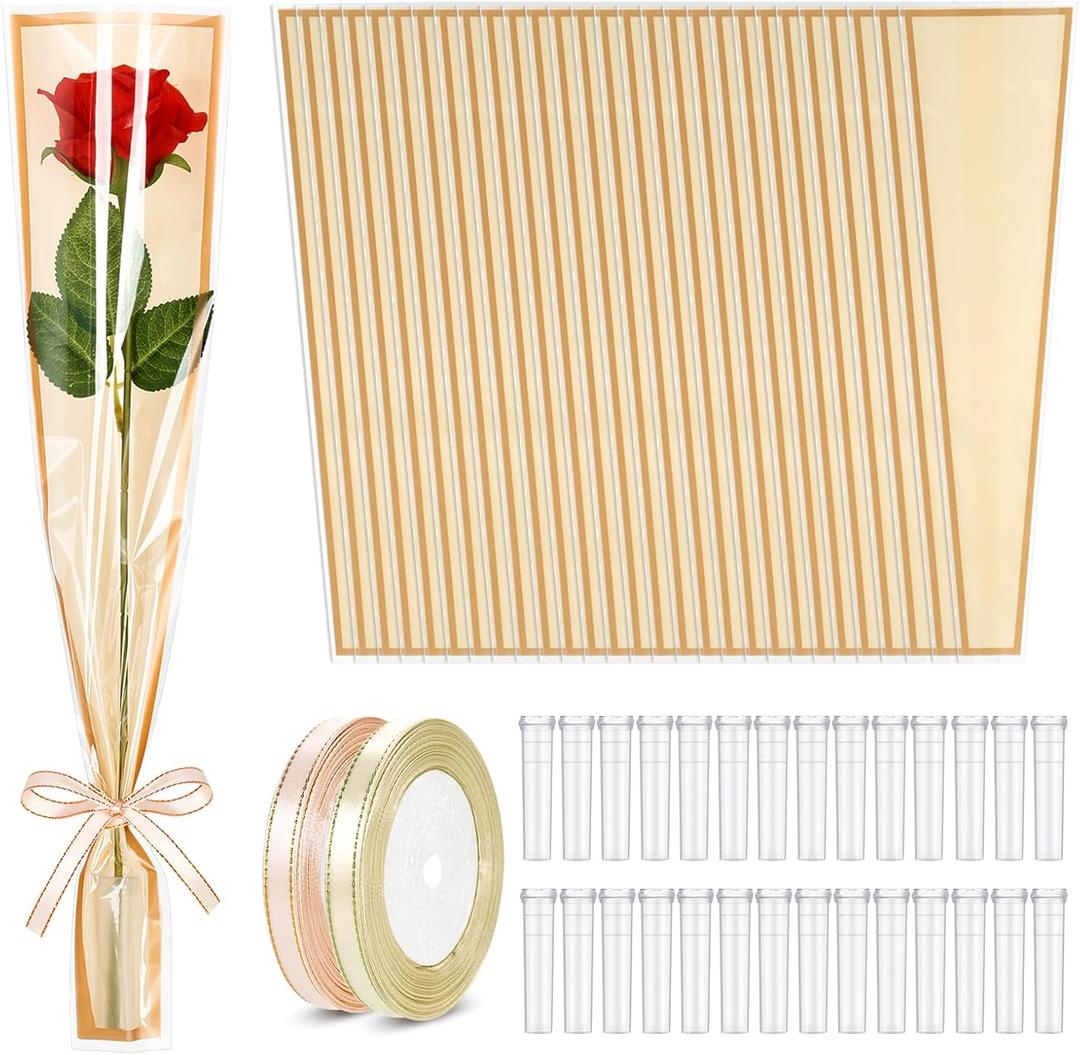 tchrules 100PCS Single Flower Bags for Bouquets, Champagne Single Rose Sleeves with Flower Water Tubes and Ribbons, Plastic Floral Wrapping Bags for Valentine's Day Mother's Day Graduation Wedding