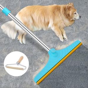 Carpet Rake for Pet Hair Removal - Reusable Pet Hair Remover, 60” Adjustable Long Handle Cat Dog Carpet Rake Scraper with Patented Design, Dog Hair Rake Brush for Rugs, Mats