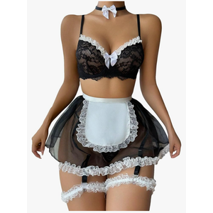 WDIRARA Women's 3 Piece Sets Contrast Lace Colorblock Bow Front Low Rise Underwire Halter Lingerie Set