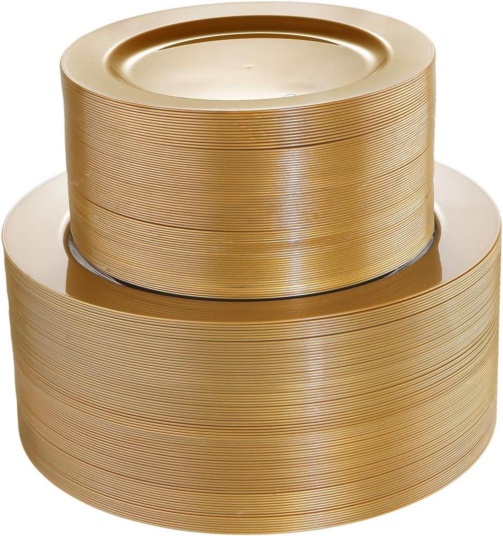 102 Pieces Solid Gold Disposable Plates, Gold Plastic Plates Premium Plastic Party Plates Includes: 51 Dinner Plate 10.25 Inch and 51 Salad/Dessert Plate 7.5 Inch for Wedding & Party