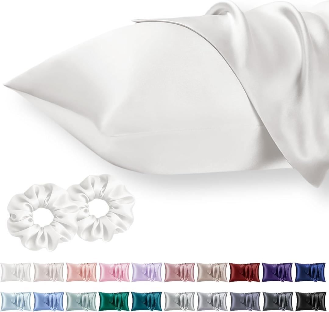 Queen Satin Pillowcase for Hair 2pc,Similar to Silk Pillow Cases,Easier Care Than Silk Pillowcase,Gifts for Women Men,Cream White,20x30 & Envelope Closure and 2 Satin Scrunchies (05-ivory)