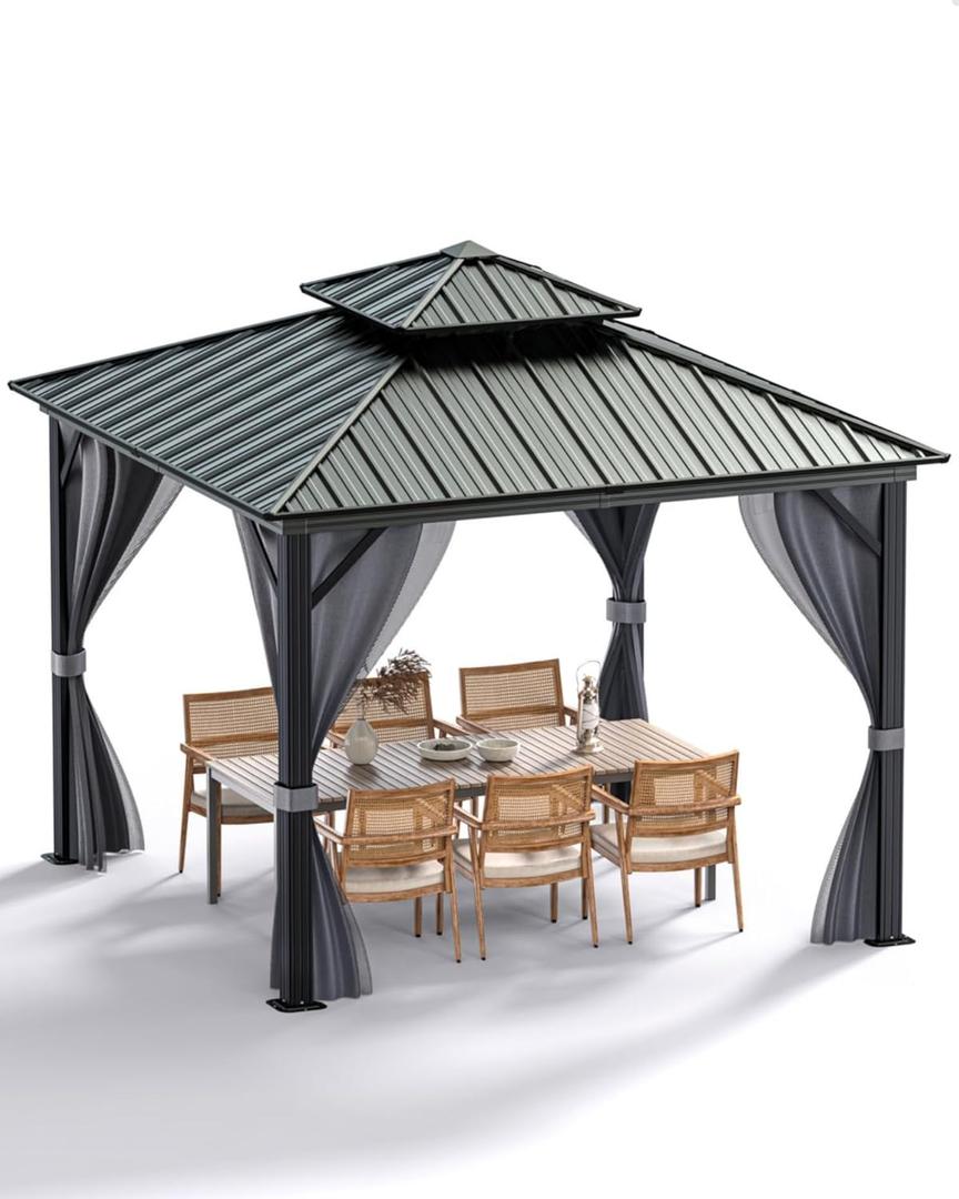 GarveeLife 10 ft x10 ft Hardtop Gazebo for All Weather, with Metal Double Roof, Aluminum Alloy Frame, Net, and Curtain, Heavy Duty Building for Patio, Deck, Backyard, Lawn, and Garden (Gray)