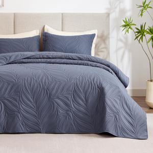 EXQ Home Quilt Set Full Queen Size Bluish Grey 3 Piece,Lightweight Soft Coverlet Modern Style Leaf Pattern Bedspread Set(1 Quilt,2 Pillow Shams)