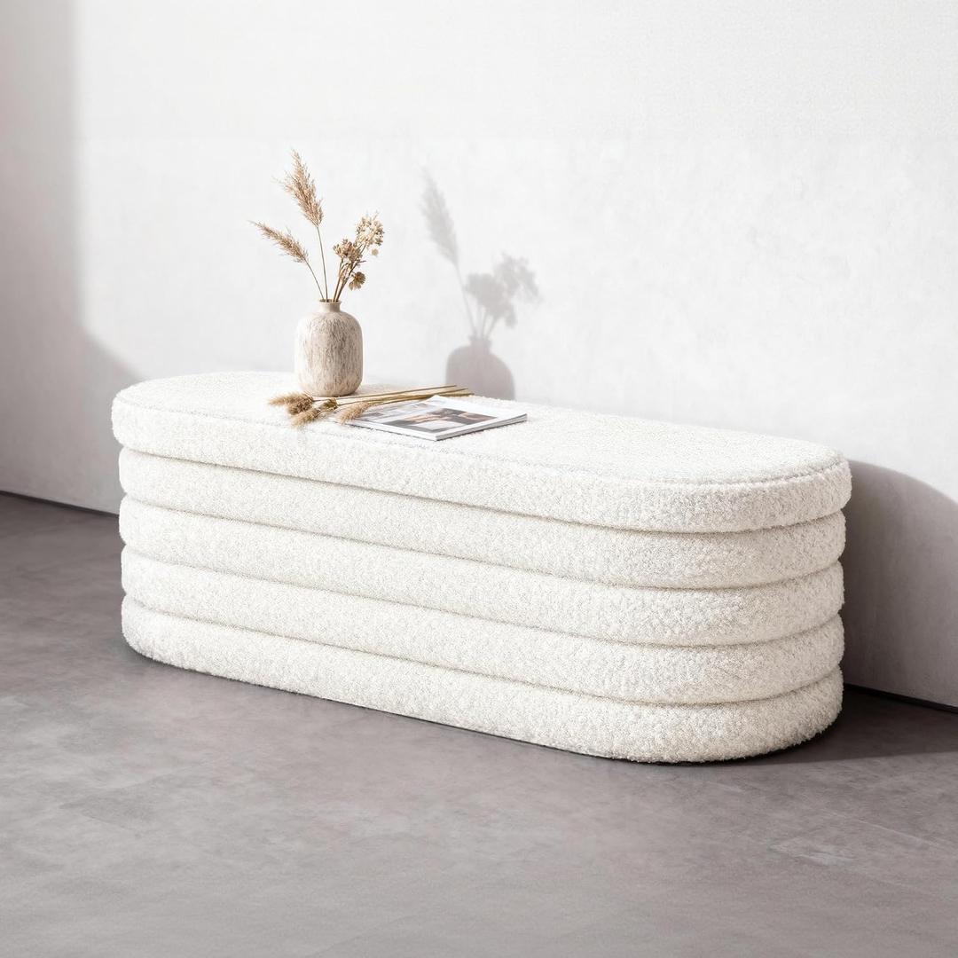 GLAXYFUR Storage Ottoman Bench, 43 Inch Upholstered Entryway Shoe Seat, End of Bed Stool Blanket Chest for Living Room, Hallway, Sherpa White, 43.3"D x 15"W x 15"H