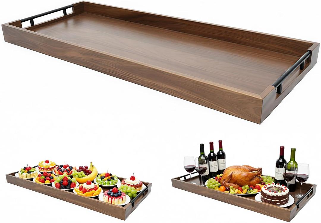 32 x 12 Inch Large Acacia Wood Serving Tray with Metal Handle, Long Charcuterie Board for Cheese, Meat & Appetizers, Extra Long Kitchen Platter for Gatherings, BBQ & Home Decor