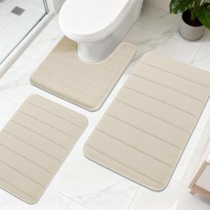 Bathroom Rugs Sets 3 Pieces Thicker Memory Foam Bath Mat with Non Slip Backing, Machine Wash, Dries Quickly, Ultra Soft Beige Bath Carpet with Toilet Rug for Bathroom,Kitchen,Tub