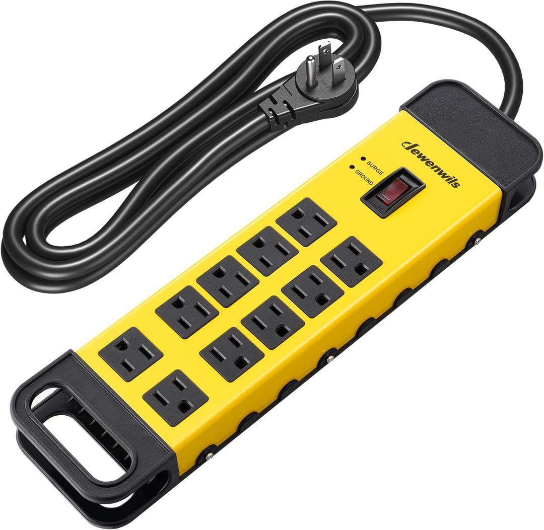 DEWENWILS 10-Outlet Metal Surge Protector Power Strip, UL Listed, 6Ft Cord Flat Plug, 15A Circuit Breaker, 14AWG 1440Joules, Heavy Duty Industrial Power Strip for Garage Workshop, Wall Mountable