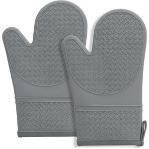 Hovico Silicone Oven Mitts, Heat Resistant 500F Kitchen Mitts 2PCS, 11.6" BPA-Free Soft Baking Gloves, Non-Slip Grip Oven Gloves with Soft Cotton Lining for Kitchen Cooking Baking BBQ - Gray