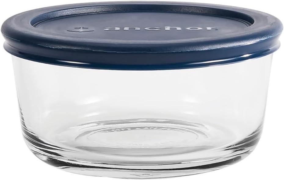 Anchor Hocking 2 Cup Glass Storage Containers with Lids, Set of 4 Glass Food Storage Containers with Navy SnugFit Lids (Clear)