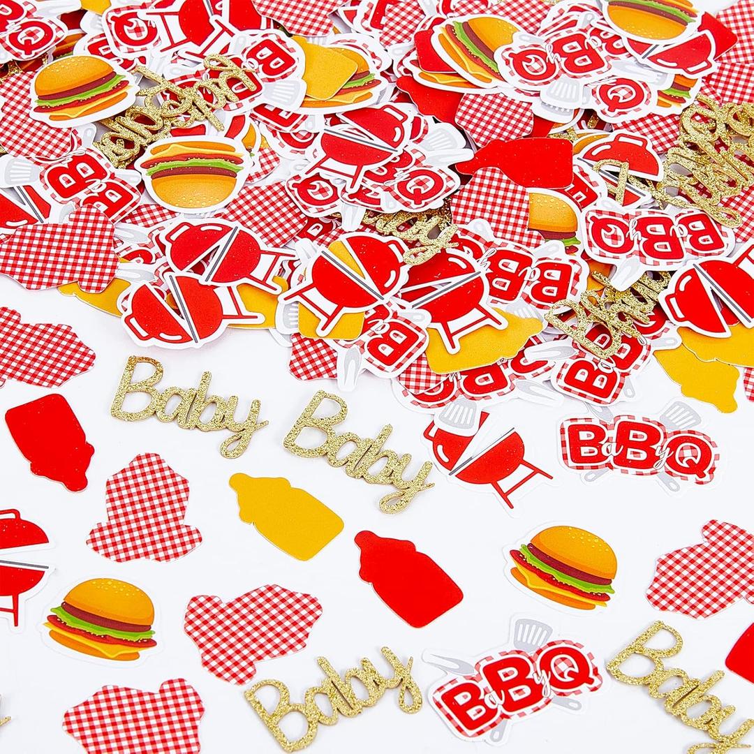 BBQ Baby Shower Decorations 200 PCS Baby Q Confetti for Table Red and Yellow Summer BBQ Table Decorations Confetti with Baby BBQ Hamburger Baby Barbecue Party Decoration Supplies Baby Shower Gender Reveal Outdoor Indoor