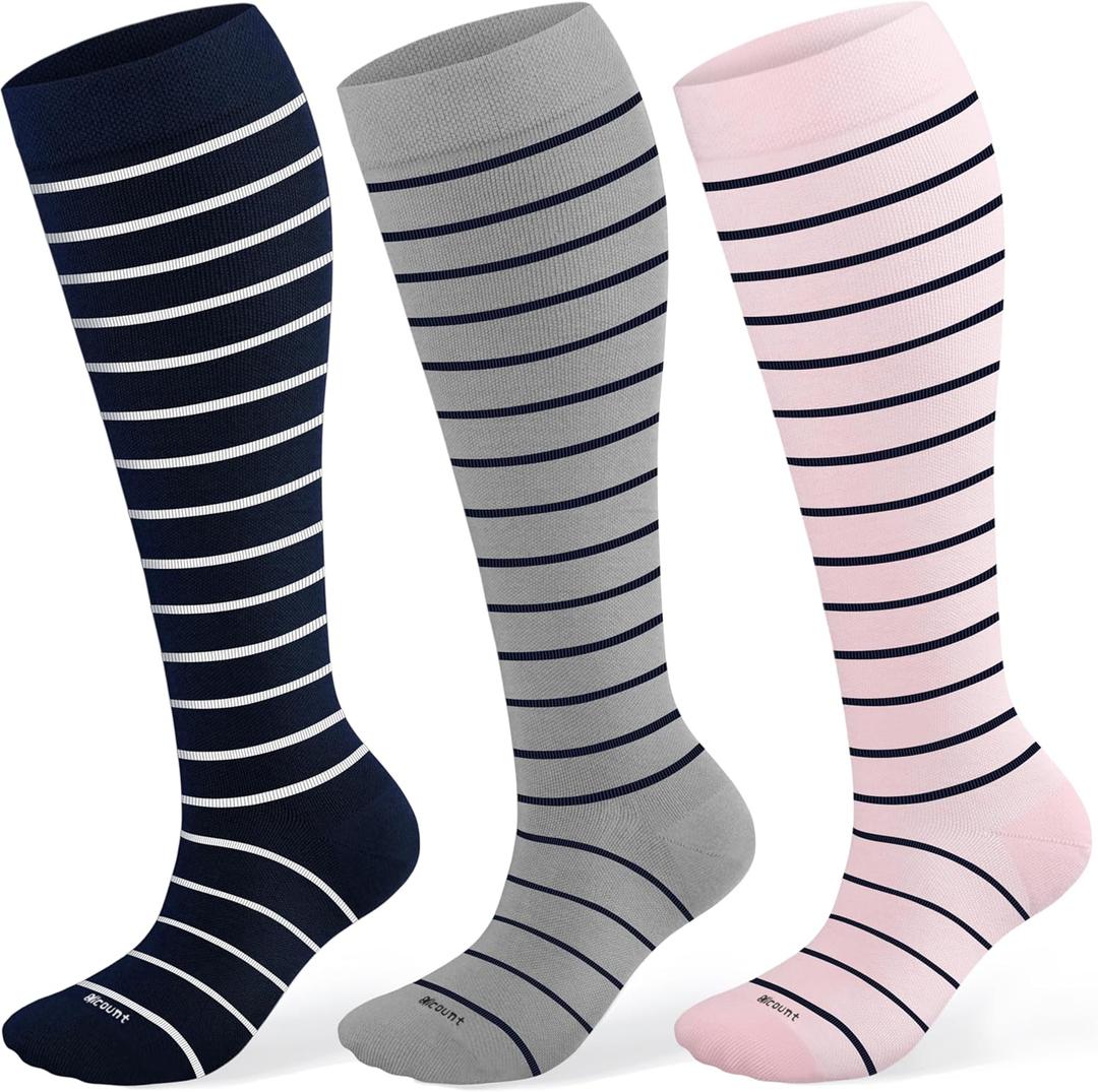 Cotton Compression Socks for Women&Men 15-20mmHg Knee High Cute Support Sock for Nurses, Pregnant Women, Travel (Large-X-Large, 3 Pairs-Pinstripe)