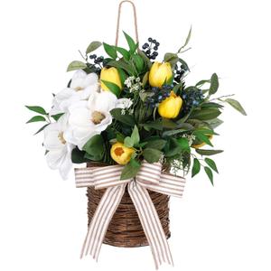 20" Spring Easter Floral Basket Wreath for Front Door, Artificial White Magnolia Yellow Tulip Door Basket Decor, Spring Easter Basket Hanger for Farmhouse Home Wall Door, Spring/Summer/Easter Wreath