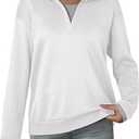 Dokotoo Sweatshirt for Women Long Sleeve Polo V Neck Color Block Oversized Lightweight Soft Casual Solid Color Pullover Sweatshirt Tops Comfy Fall Fashion Outfits Winter Clothes 2025 White Medium