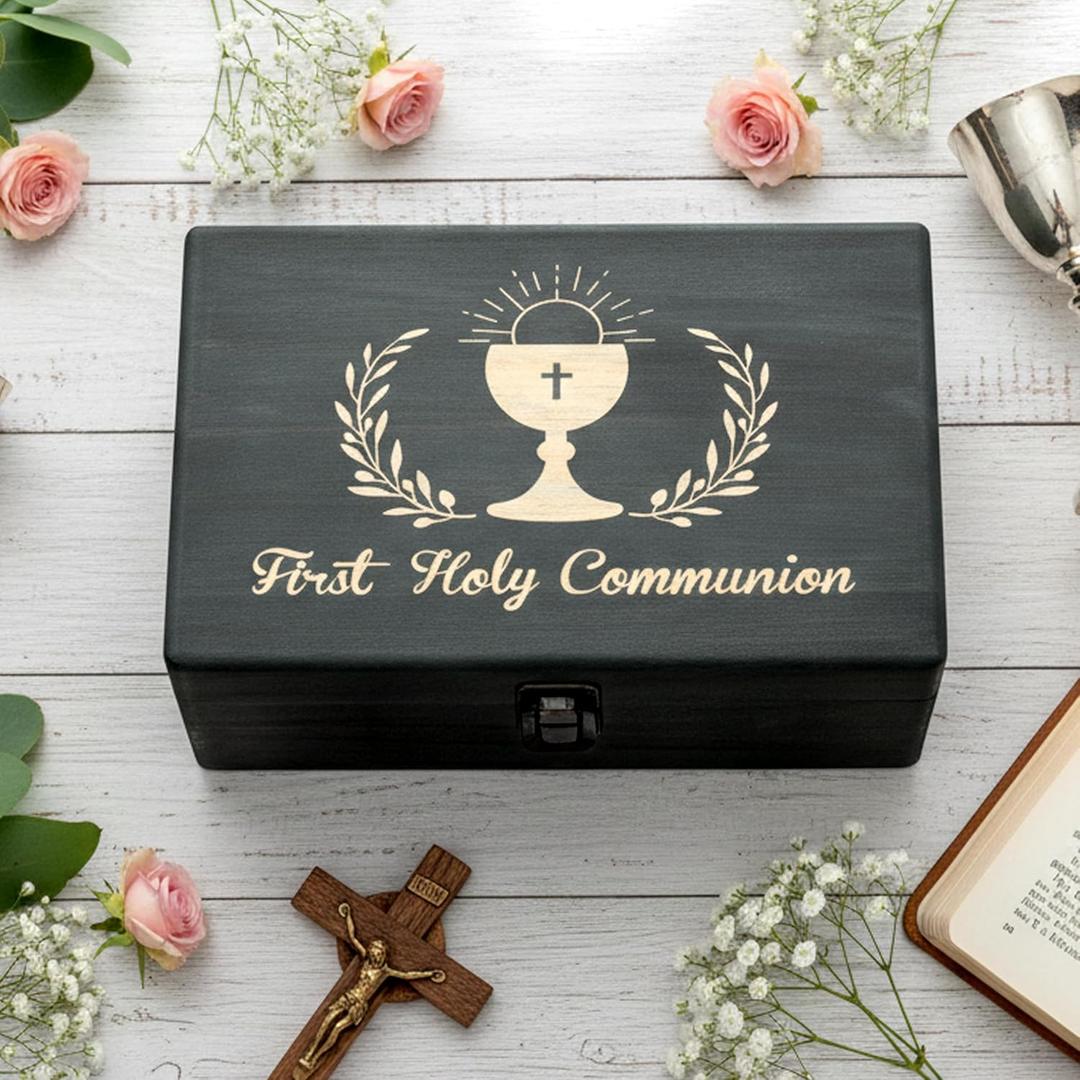R HORSE First Communion Keepsake Box - Wooden Engraved Baptism Memory Box Gift for Boy Girl, First Holy Communion Gift for Kids Christian Religious Keepsake Organizer for Jewelry Memento Photo Storage
