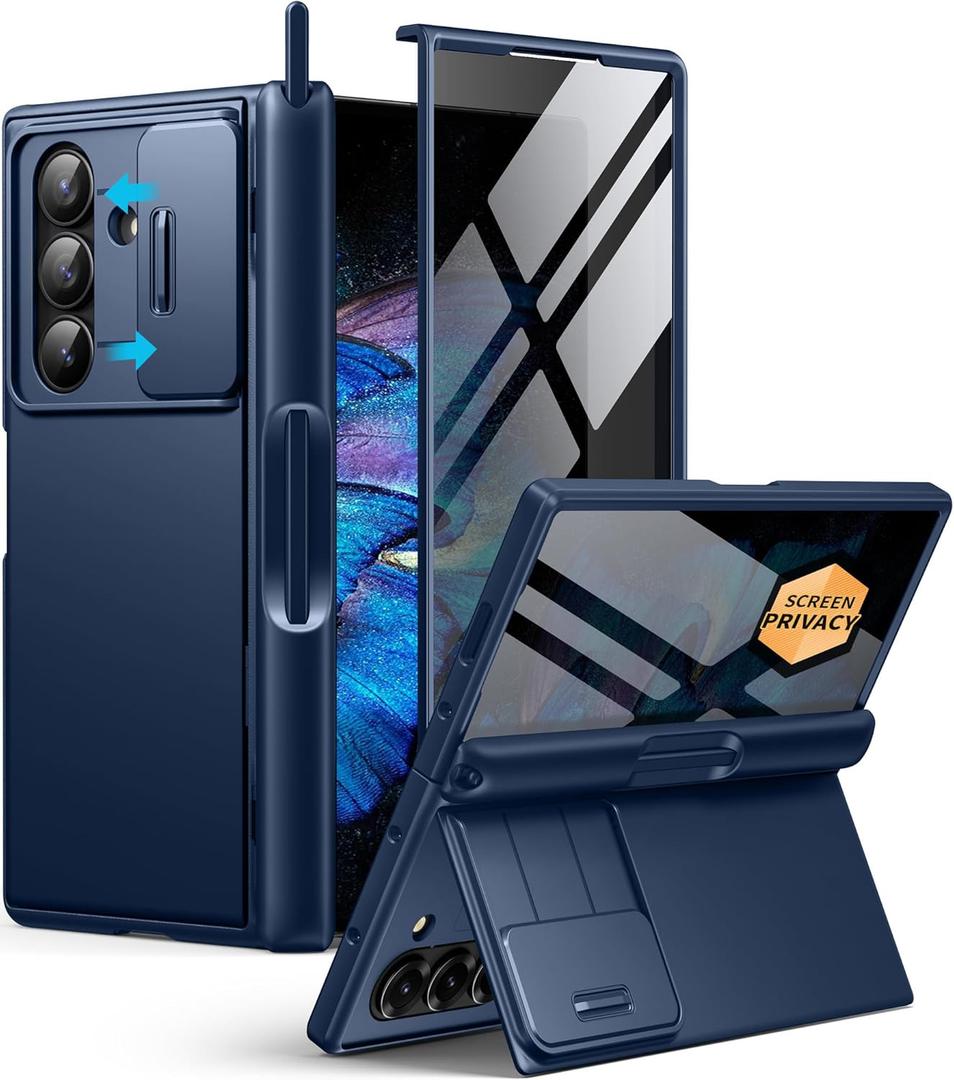 BERFY for Z Fold 7 Case with Privacy Screen Protector, [Anti Spy] Hidden Kickstand & Slide Camera Cover & Hinge Protective, Full Body Shockproof Phone Case for Samsung Galaxy Z Fold 7, Blue Stylus