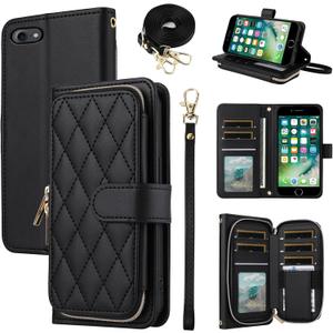 Argyle Wallet Case for iPhone 7/8/SE 2020/2022 with Wrist Strap Shoulder Strap Card Slot Phone Cover for iPhone7 iPhone8 7s 8s i SE2020 SE2022 2/2nd/3/3rd Generation SE2 SE3 7SE 8SE Black