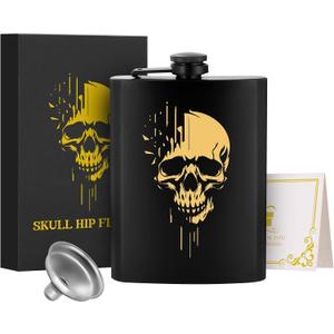 1pcs 8oz Stainless Steel Hip Flask, Pocket Flask, with Funnel and Greeting Card Gift Box, Golden Skull Pattern Personalised Flask Alcohol, Perfect for Camping, Hiking, and Outdoor Activities, Gold