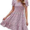 Lyrur Women's Short Sleeve Summer Dresses 2025 Spring Casual Square Neck Easter Dress A-Line Tiered Sundress with Pockets (Medium)