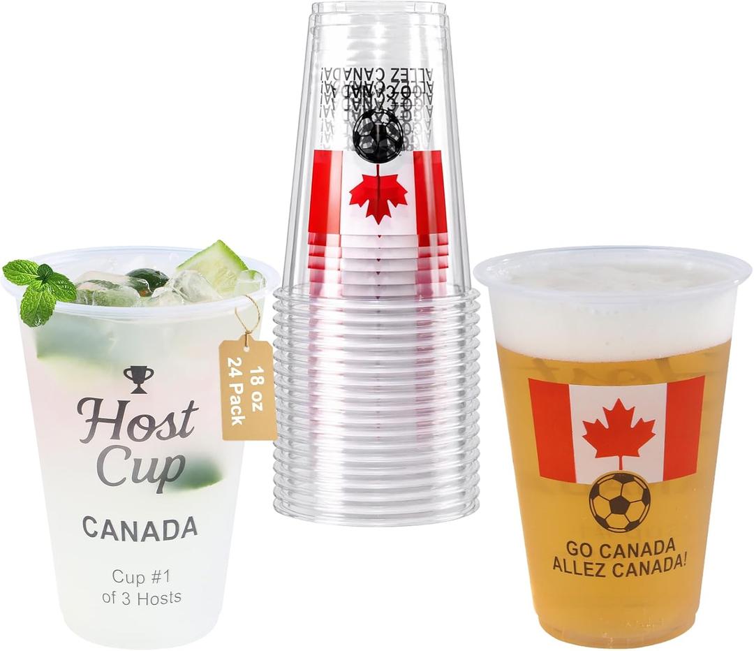 18 oz Host Cup Celebrating World Soccer Tournament Host Canada, 24-Count Disposable Plastic Party Cups, National Flag Themed for Fan Event Decorations Game-Day Festival, ALLEZ CANADA 2026