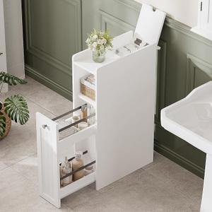 ChooChoo Small Bathroom Storage Cabinet, Narrow Slim Bathroom Organizer with Slide Out Drawer Storage, Toilet Paper Holder, for Small Spaces, White