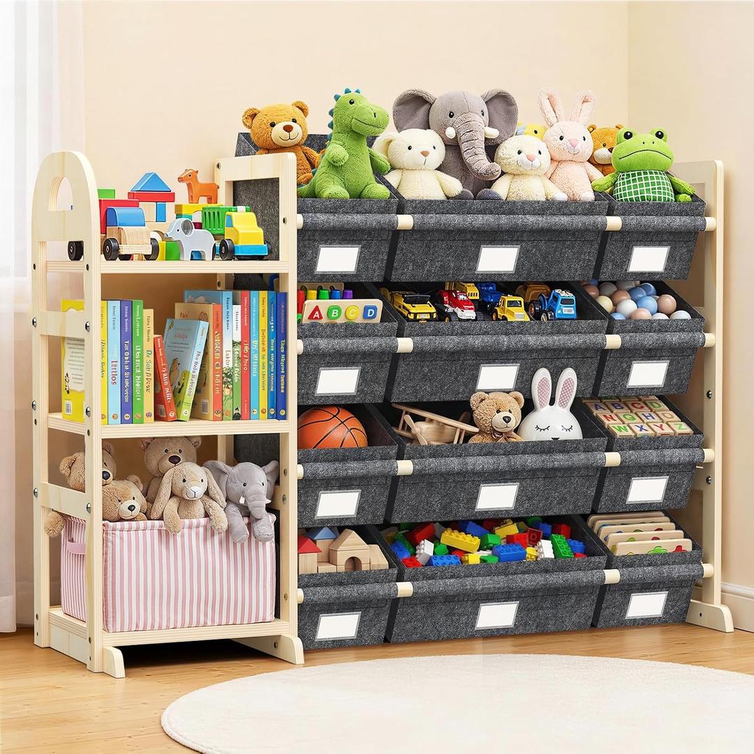 Toy Storage Organizer with 3 Shelves and 12 Bins, Bookshelf/Bookcase, Kids Bin Shelf, Toys Box for Playroom Organization for Bedroom & Room